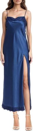 Badgley Mischka Lace Trim Maxi Slipdress in Midnight at Nordstrom, Size 14