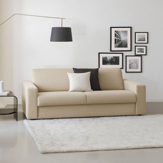 Dmora Sof&aacute; Fijo Mara, Sof&aacute; De 3 Plazas, 100% Made In Italy, Sof&aacute; Sala De Estar, En Tela Acolchada, Con Reposabrazos Delgados, Cm 200x95h90, Beige, Con Embal