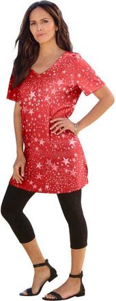 Roaman's Plus Size Ultimate Cotton V-Neck Short Sleeve Tunic in Vivid Red Stars at Nordstrom, Size 1X