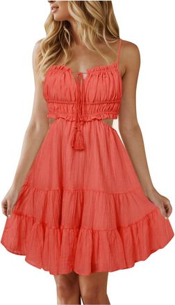 Generic Womens 2024 Floral V-Neck Tie Front Spaghetti Straps Beach Dresses Summer Casual Boho Autumn Dress, Red (watermelon red), S