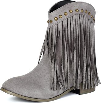 Generic Womens Fringe Ankle Boots Suede Round Toe Low Heel Studded Soft Lining Cushioned Insole Comfortable Non Slip Durable Daily Casual Party Shoes,Gray,6.5