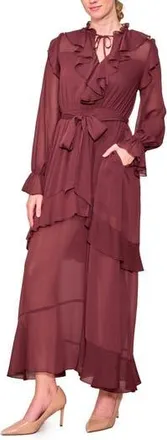 Melloday Ruffle Detail Tie Waist Long Sleeve Maxi Dress in Maroon at Nordstrom Rack, Size X-Small