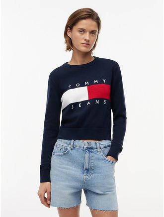 Tommy Hilfiger Womens Tommy Jeans Intarsia Flag Logo Sweater - Dark Night Navy - XXS