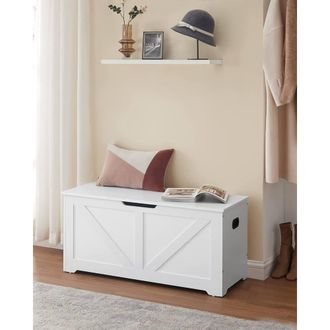 Vasagle Large Farmhouse Storage Bench Blanket Box Safety Hinges Chest in White