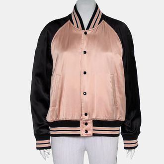 Saint Laurent Black & Pink Satin Button Front Bomber Jacket L
