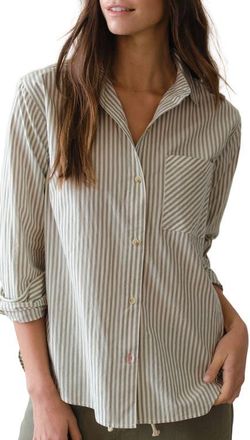 Marine Layer Jane California Relaxed Stripe Cotton Poplin Button-Up Shirt in Olive Stripe at Nordstrom, Size X-Small