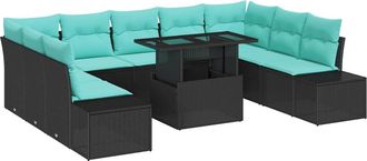 vidaXL Conjunto De Sof&aacute; De Jard&iacute;n 10 Uds. Negro Y Azul Rat&aacute;n Sint&eacute;tico Vidaxl