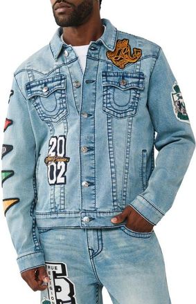 True Religion Jimmy Varsity Patch Denim Trucker Jacket in Shattered Medium Indigo at Nordstrom, Size Xx-Large