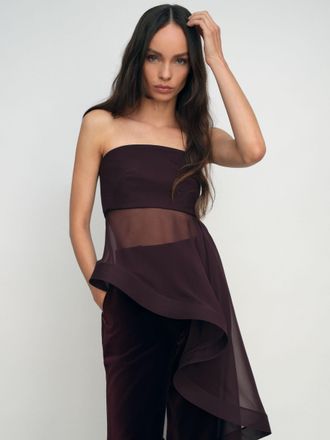 Reiss Burgundy Silk Asymmetric-ruffle Bandeau Top, 18