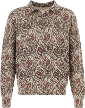 Etro Wollen Jacquard Trui met Bladmotief - Heren - V-hals truien - Veelkleurig - L - Wol - Truien & Vesten