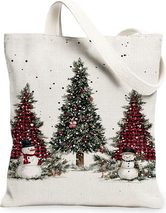 Generic Winter Snow Man Canvas Tote Bag, Festive Tree Design Reusable Grocery Bag, Holiday Rustic Linen Washable Shoulder Strap for, White, 13x15 Inch