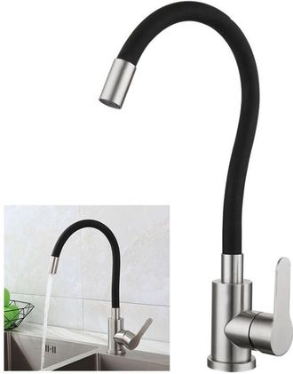 OEM Grifo De Cocina - Boca Alta Giratoria 360&deg; - Manguera Flexible Silicona-pvc - Acero Inoxidable Cepillado Negro - Para Fregadero