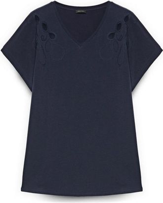 Fiorella Rubino Katoenen T-shirt met Borduursel en Cut-Out - Dames - T-shirts - Blauw - S - Katoen - Tops