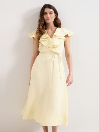 Phase Eight Matilda Ruffle Linen Midi Dress in Pale Yellow at Nordstrom, Size 14