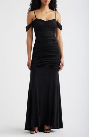 Emerald Sundae Glitter Cold Shoulder Gown in Black /Ivory at Nordstrom, Size X-Small