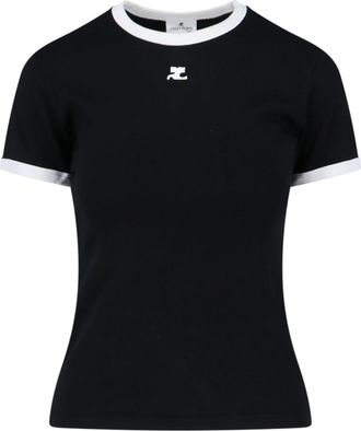 Courr&egrave;ges Logo T-Shirt, Black Cotton, Crew Neck, Short Sleeves