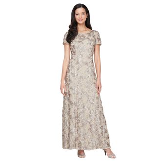 Alex Evenings Womens Long Rosette Mother of The Bride Dress with Short Sleeves, Wedding Guest (Petite and Regular Sizes) Special Occasion, Champagne, 18