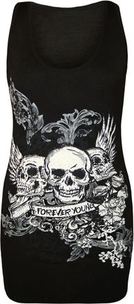 Janisramone Ladies Womens New Glitter Detail Forever Young Skull Print Racer Back Sleeveless T Shirt Vest Top Black