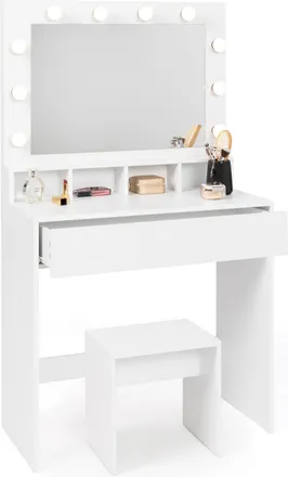 IDMarket Mobiletto Zelia Con Specchio Led, 4 Nicchie, 1 Cassetto E Sgabello