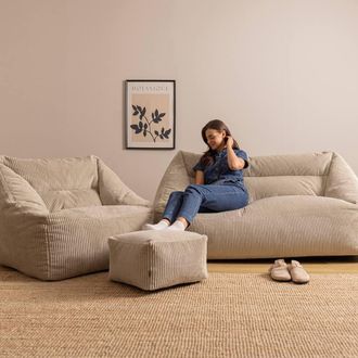 Icon Brand Bean Bag Sofa & Footstool Bundle, Jumbo Corduroy in Stone | Size: Medium