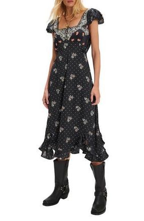 Free People Haven Embroidered Lace Trim Satin Midi Dress in Black Combo at Nordstrom Rack, Size X-Large