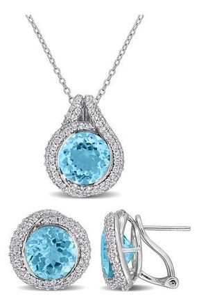 Delmar Sky Blue Topaz Halo Pendant Necklace & Earrings Set at Nordstrom Rack