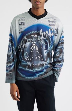 Jungles Boxy Moto Mesh Jersey Top in White/black/blue at Nordstrom Rack, Size Large