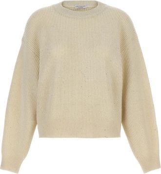 Brunello Cucinelli Wollen ribgebreide trui met kasjmier en pailletten - Dames - Ronde hals truien - Wit - L - Wol - Truien & Vesten