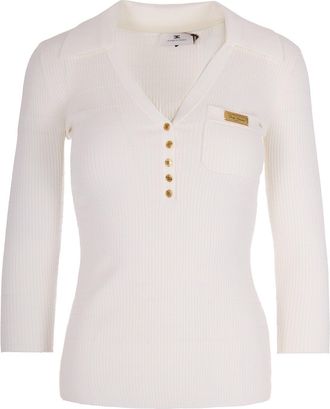Elisabetta Franchi Ivory Ribbed Sweater With Pocket