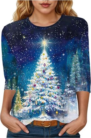 Generic Christmas Tops Ladies 3/4 Sleeve Crew Neck Tunic Shirts Christmas Tree Print Xmas T-Shirts Plus Size Novelty Funny Santa Print Reindeer Graphic Blouse