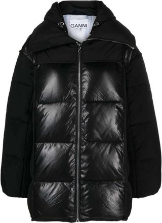 Ganni Gewatteerde jas met capuchon - Dames - Gewatteerde jassen - Zwart - 2Xs/Xs - Polyester - Jassen