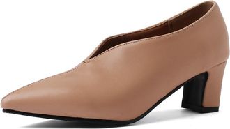 Generic Womens Pointed Toe Slip On Pumps PU Leather Mid Block Heel Shoes Wide Size Range 2846 Solid Color Office and Casual Wear,Apricot,6.5 UK