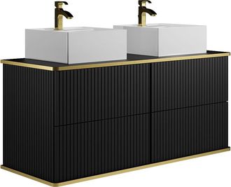 Vente-Unique Mueble de baño suspendido estriado con ribete dorado y dos lavabos cuadrados - Negro - 120 cm - KELIZA