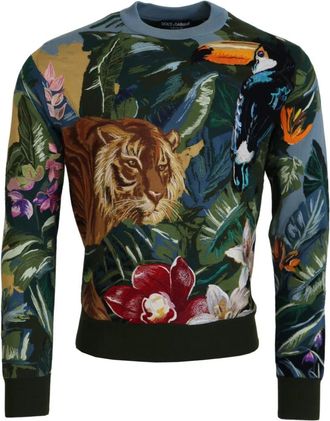 Dolce & Gabbana Jungle Geborduurde Wol-Zijde Trui - Heren - Ronde hals truien - Veelkleurig - M - Wol - Truien & Vesten