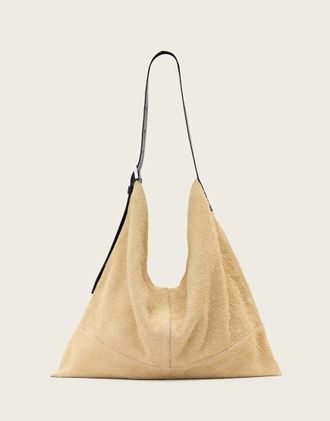 AllSaints Asha - Borsa da spalla in camoscio bianco sahara