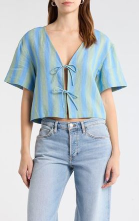 Staud Ava Stripe Tie Front Linen Top in Seaport at Nordstrom, Size X-Large