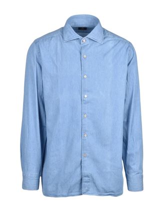 LUIGI BORRELLI NAPOLI Light Blue Long-Sleeve Cotton Shirt with Traditional Collar