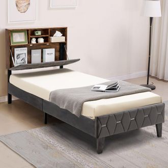Costway Costway Single Size Bed Frame Upholstered Platform Bed Slat Support W/ Storage Headboard in Grey