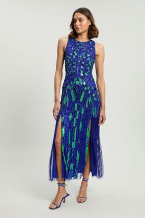Karen Millen Womens Petite Embellished Geo Halter Woven Maxi Dress - Green - Size 12 UK