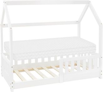 ML Design Lettino per Bambini a Forma di Casa con Sponde Protezione Anticaduta Rete a Doghe 70 x 140 cm Letto da Gioco in Legno di Pino Massiccio Bianco con