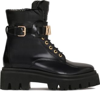 Kazar Platte enkellaarsjes met metalen letters - Dames - Veterlaarzen - Zwart - 40 EU - Leer - Schoenen