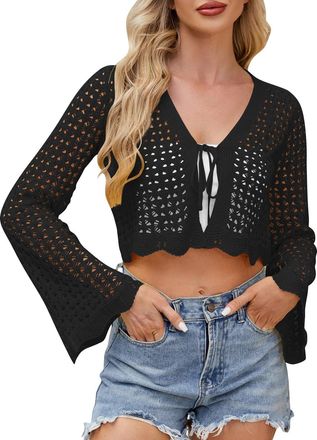 Generic Cropped Cardigan Hollow Out Womens Tie Front Cropped Cardigan Long Sleeve Crochet Bolero Shrug Sweater Bell Sleeve Knit Crop Top Black