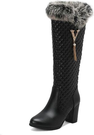 Generic Womens Winter Mid Block Heel Knee High Snow Boots Round Toe Comfort Warm Shoes with Side Zipper and Metal Decor (Black,5.5)