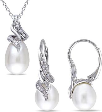 Delmar Cultured Freshwater Pearl & Diamond Necklace & Drop Earrings Set - 0.09ct. in White at Nordstrom Rack