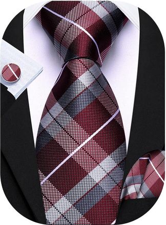 Barry.Wang Mens Tartan Tie Burgundy Grey Plaid Silk Necktie Handkerchief Cufflinks Set Formal Business Wedding