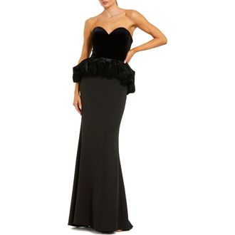 Mac Duggal Strapless Velvet Peplum Top With Crepe Skirt Gown in Black at Nordstrom, Size 12