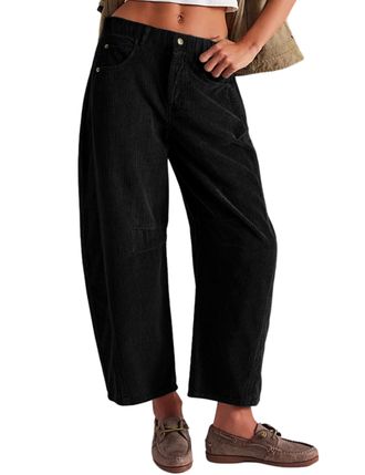 Generic Corduroy Pants for Womens Baggy Corduroy Pants Barrel Mid-Rise Elastic Waist Cord Pants Casual Wide Leg Cropped Pants (Black,L)