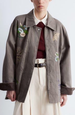 & Other Stories Embroidered Cotton Shirt Jacket in Mole Dark at Nordstrom, Size X-Small