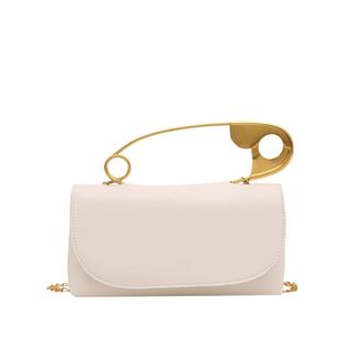Generic Womens Evening Clutch Purse with Gold Safety Pin Handle, Crossbody Bag with Chain Strap, White Leather Small Handbag