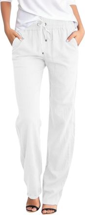 Generic Linen Trousers Womens Slim Leg Elastic Waist Trousers for Women Casual Summer Beach Pants Drawstring Ladies Wide Leg Pants with Pockets (White, M)
